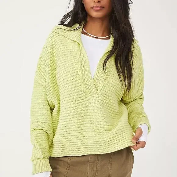 Free People Marlie Slouchy Oversized Sweater Ribbed V-Neck Lime Green Size Large - Picture 9 of 16